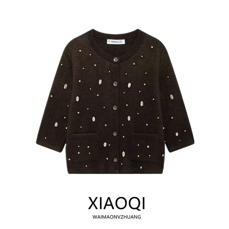 Fashion Style 2024 Fall and Winter New Women's Clothing Easiest for Match Beads Rhinestone Round Neck Knitting Cardigan 6427113