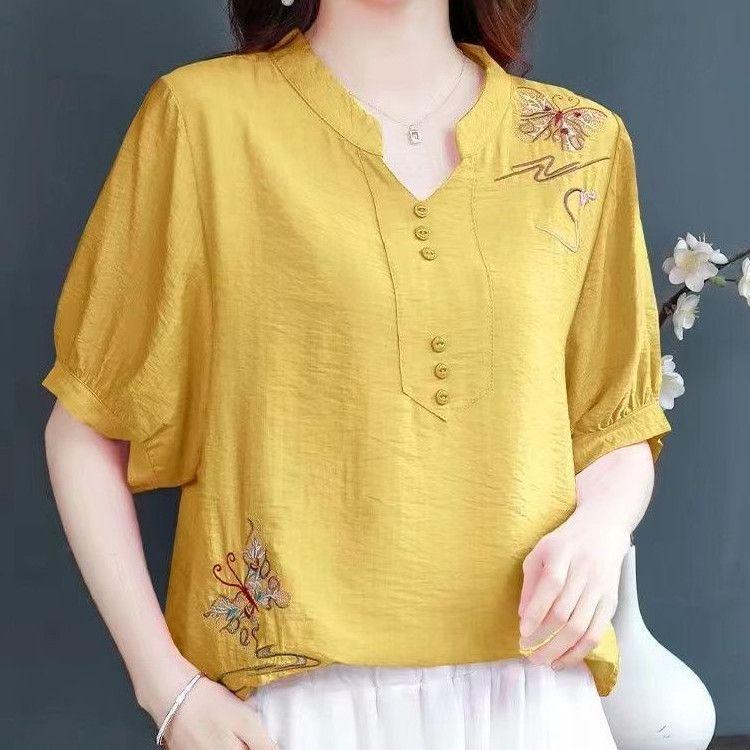 Dopamine Wear Literary Retro Summer New Top Cotton and Linen Short Sleeve Fashion Large Size Embroidery Versatile