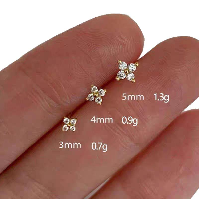 Korean Four-Leaf Clover Stud Earrings with Zirconia in Real Gold 
