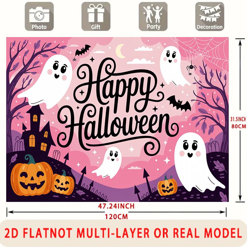Party Backdrop Halloween Flat Spanish Language Ghosts Pumpkins Spooky Haunted House Photo Booth Background Front Door Decor