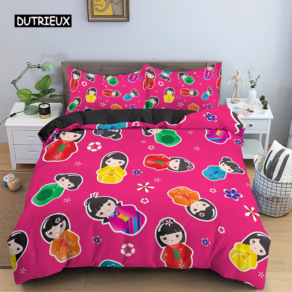 Japanese Doll Duvet Cover Set King Wearing Kimono Doll Sakura Pattern Bedding Set Microfiber Japanese Kawaii Style Quilt Cover