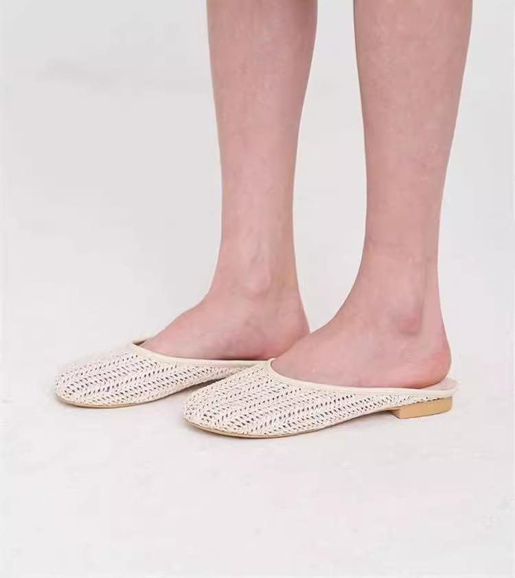 

Праздничный ветер круглая головка 2025 лето новый плетеный дизайн дышащие повседневные универсальные на низком каблуке рыбацкие женские модные полушлепанцы 40 белый