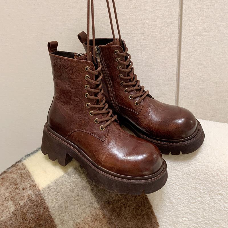 Polished First-layer Cowhide Martin Boots Women's Locomotive Boots Autumn and Winter New Thick-soled Medium Heel Strap Casual Women's Short Boots