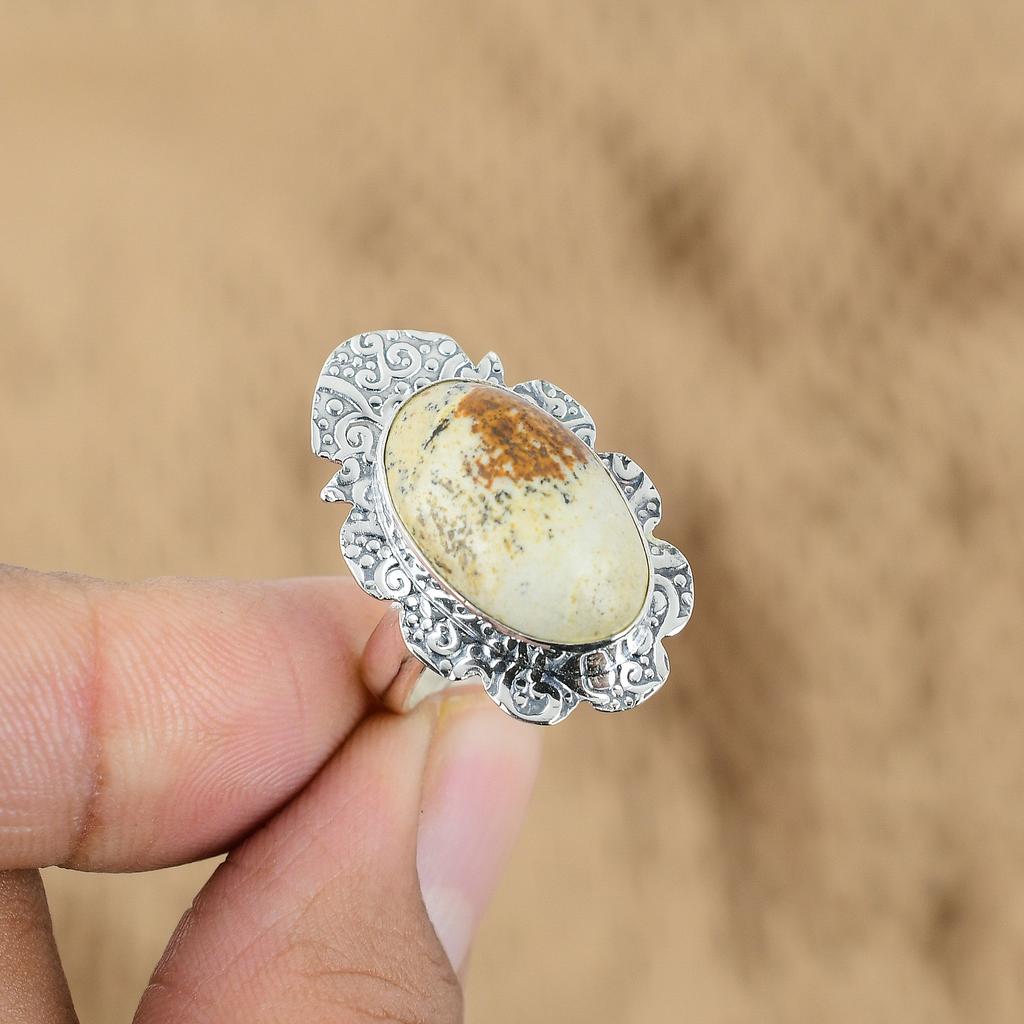 Mothers day Sale Oval Picture Jasper Stone New Ring Jewelry 925 Sterling Silver