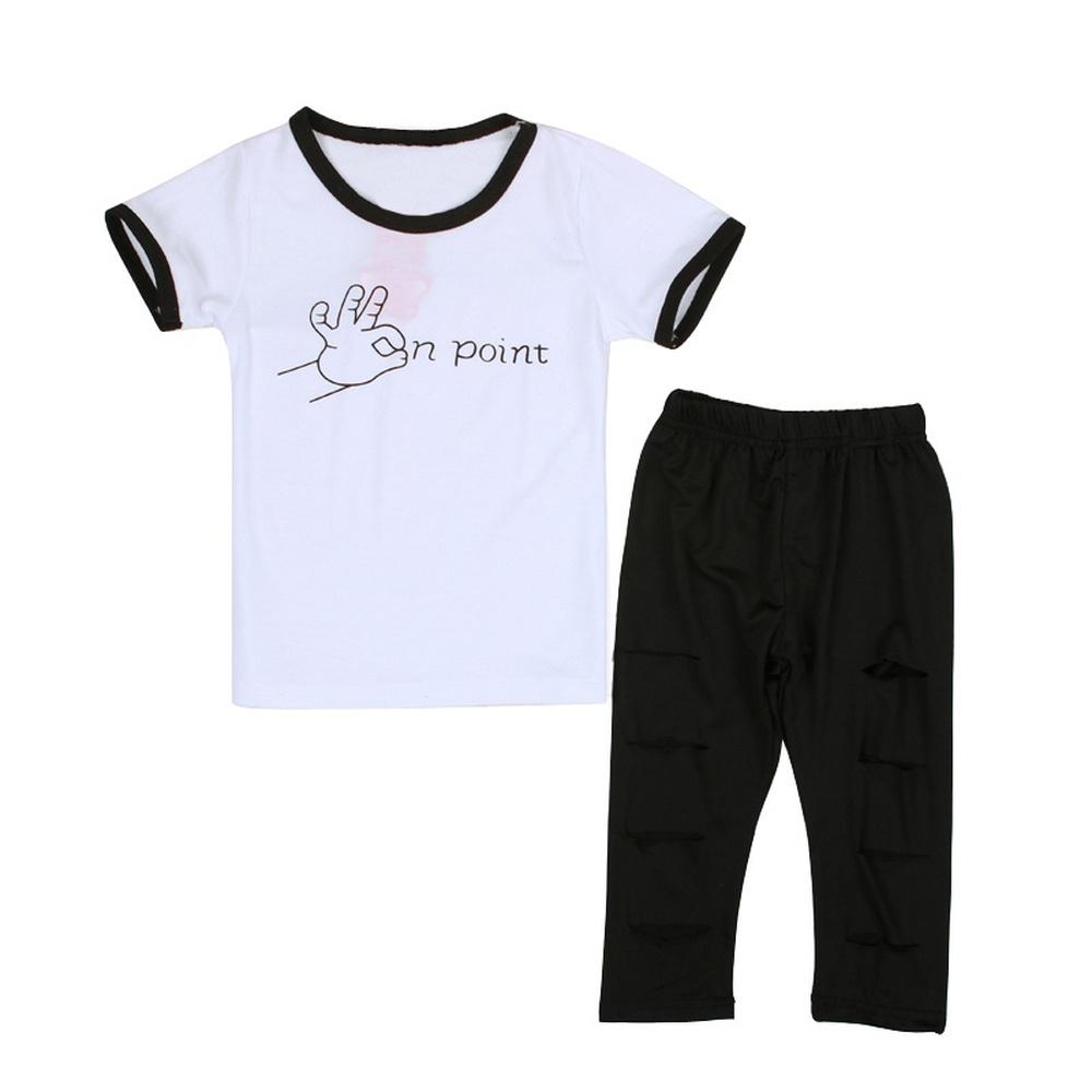 

Модний костюм для дівчат із 2 предметів: Топ з короткими рукавами + рвані штани 130