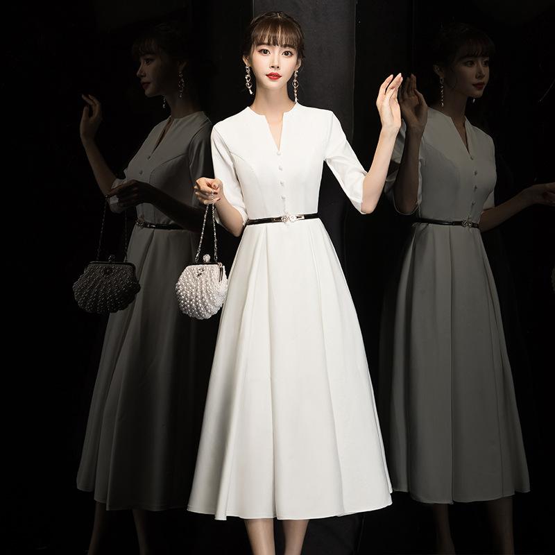 White small evening dress women s  new banquet temperament celebrity light luxury niche dress can be worn at ordinary times S