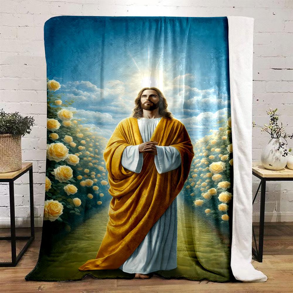Jesus Yellow Roses Path Blanket  Printed Blanket for Living Room Bed Couch lunch break Soft Cozy Blanket for Friend's festival Gift