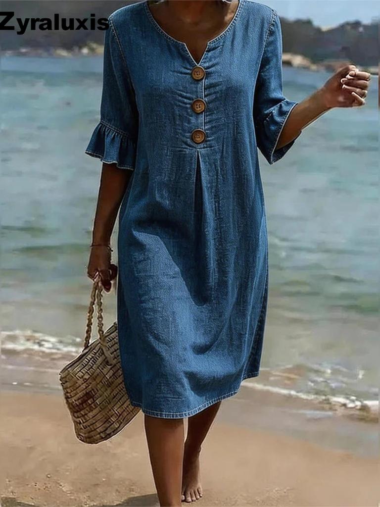 Summer New Cotton Linen V-Neck Buttoned Ruffled Sleeve Dress for Women