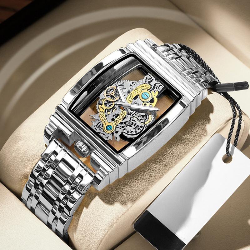 

BINBOND Модные локомотивные гоночные часы Strip Hollow Skeleton Watch Мужские персональные водонепроницаемые светящиеся кварцевые часы серебряный