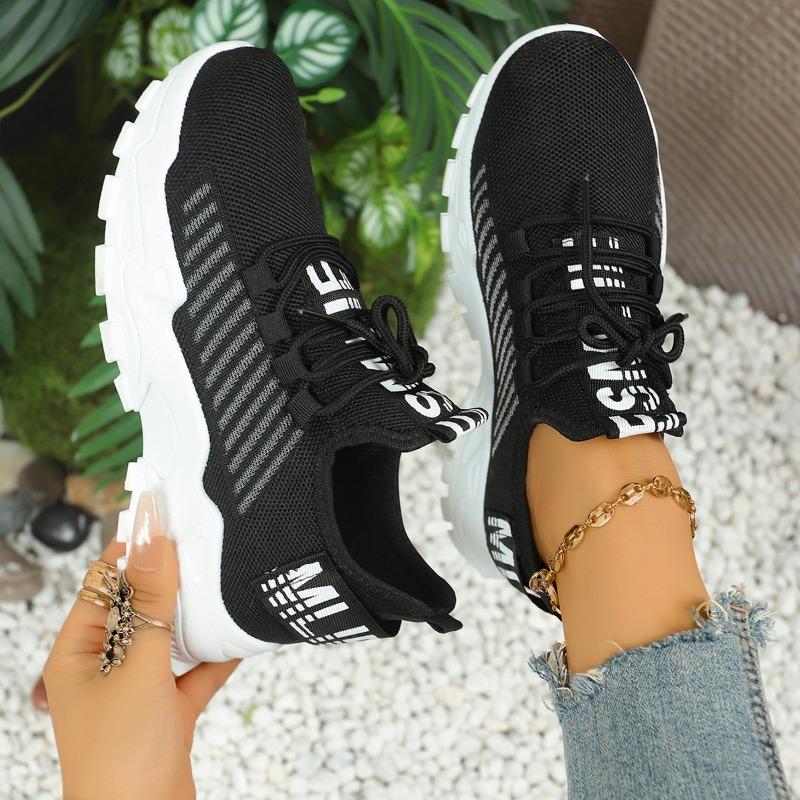 Women s Breathable Knit Sneakers Lightweight Athletic Shoes with Chunky Sole Letter Print 36 чёрный