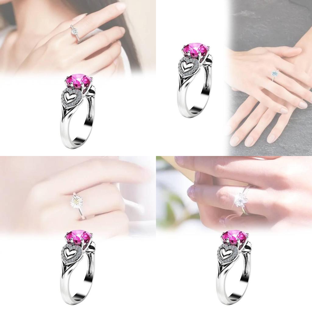 Bague Tendance en Forme de Cœur avec Cristal Zircon Rose et Anneau Réglable Plaqué Argent pour Femmes