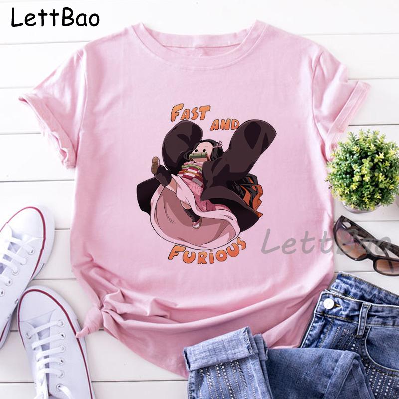 Nezuko Kimetsu No Yaiba Funny Graphic Pink T Shirts Women Vintage Anime Print Tee Shirt 90S