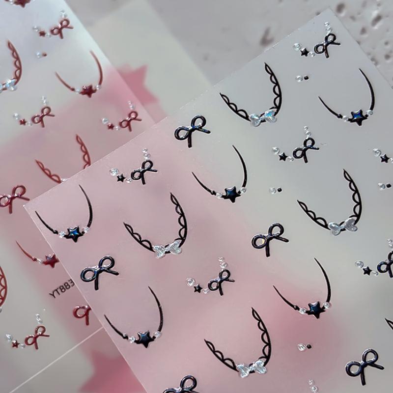 Nail Stickers Cute Bow Stars French Lace 3D Self-Adhesive DIY Nail Art Decals for Home Salon Manicure Beginners