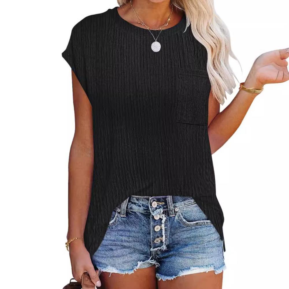 Spring and Summer New Popular Casual Round Neck T-shirt Shirt Top Pocket for Women