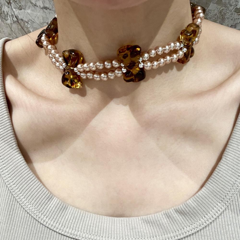 Leopard Print Bow Double Layered Necklace Imitation Pearl Resin Bow Hottie Y2K Retro Design Collarbone Chain Women's Jewelry
