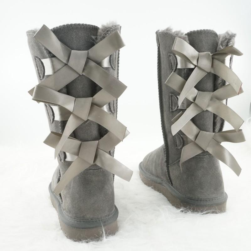 Novedad Invierno Pajarita Niña Botas Altas Cuero Genuino Mujer Botas de Nieve Botas de Felpa Gruesa Zapatos de Mujer Zapatos Cálidos