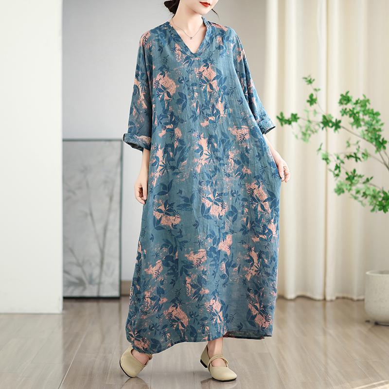 DIMANAF 2025 Women Summer Loose Dress Plus Size Basic Vintage Beach Printing Floral Casual Long Dress
