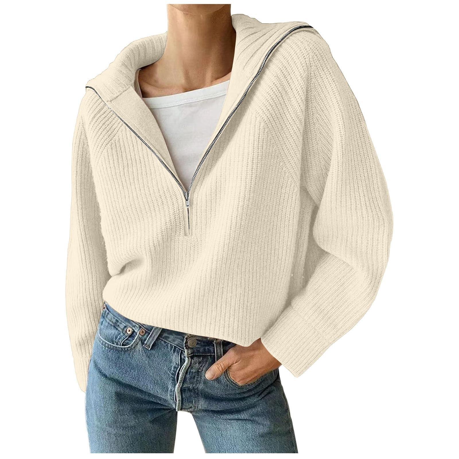 Женский свитер оверсайз на половине молнии, осенне-зимний вязаный пуловер с длинным рукавом и v-образным вырезом, с заниженным плечом, куртки S белый