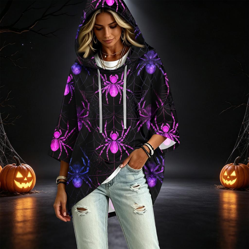 Women's Halloween Printed Hoodie 3/4 Sleeve Pullover Casual Tunic for Party