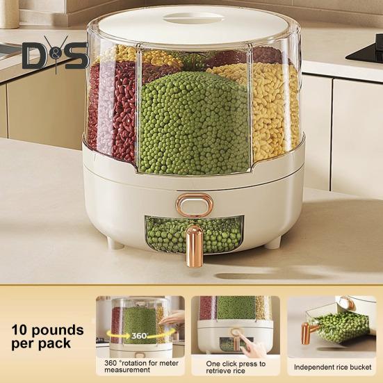 Distribuidor de cereais giratório de 360 graus, recipiente de arroz com tampa, grande capacidade, vários compartimentos, organizador de armazenamento de grãos