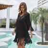 Beach Cover Up Dress V-Neck Woven Hollow Neckline Fringed Cuffs Hem Bikini Cover Up UV Protection Beach Dress