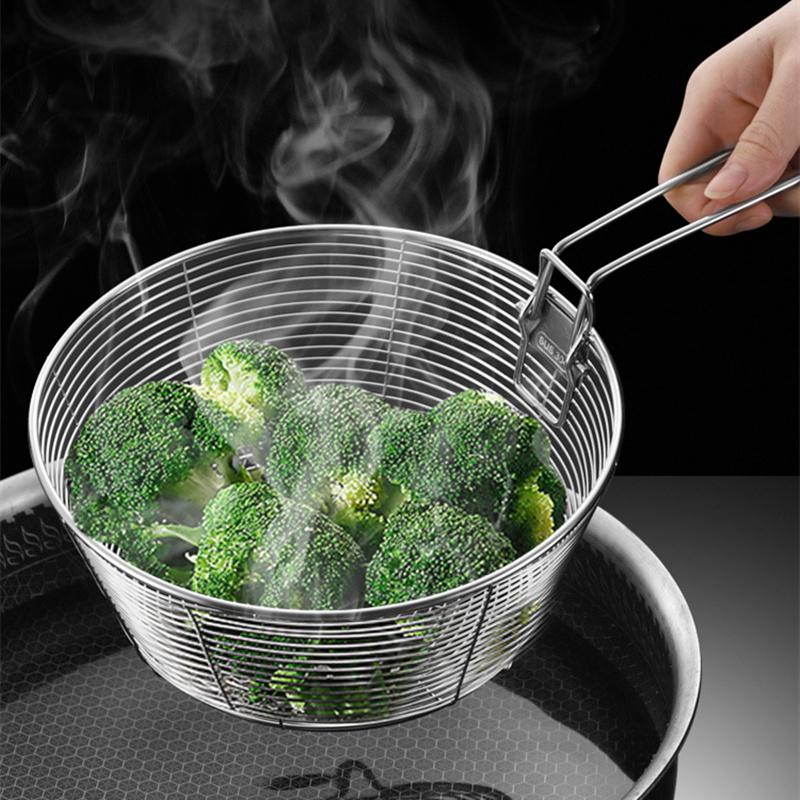 304 Stainless Steel Frying Filter Basket Multifunctional Strainer Foldable Long Handle Colander for Wash Vegetables Kitchen Tool