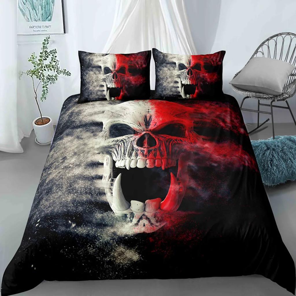 3D Skull Funny Skeleton Smoking Pattern Duvet Cover Halloween Black Skull Theme Bedroom Decoration for Children Teens Women Men