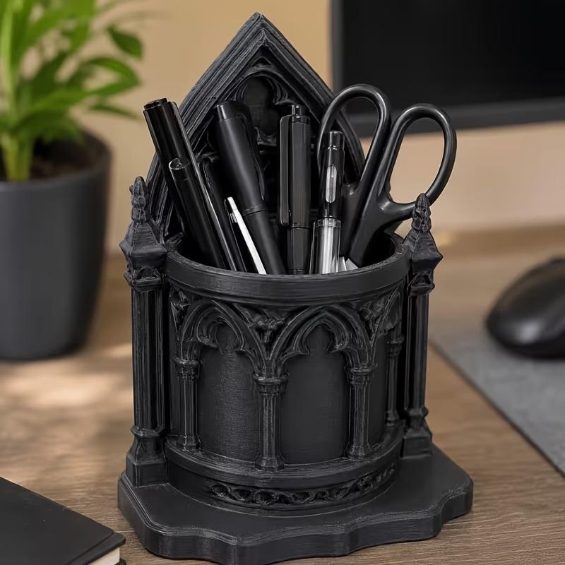 Medieval Gothic Cathedral Brush Holder 3D Printed Black Sculpture Cosmetic Storage Cup Dark Gothic Vanity Home Decor