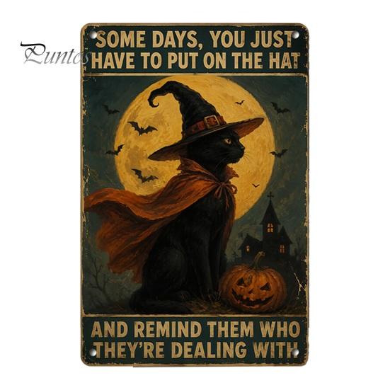 Distressed Metal Signage Retro Halloween Wall Sign, Pumpkin Ghost Bathroom American Style Decor Art Witch Cat Festival Sign for Bar Home Room