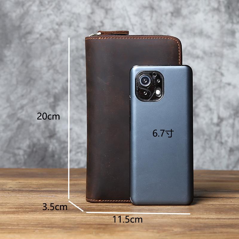 NZPJ Vintage Men Long Leather Wallet Crazy Horse Leather Mobile Bag Natural Cowhide Clutch Bag Multi Functional Wallet Card Bag