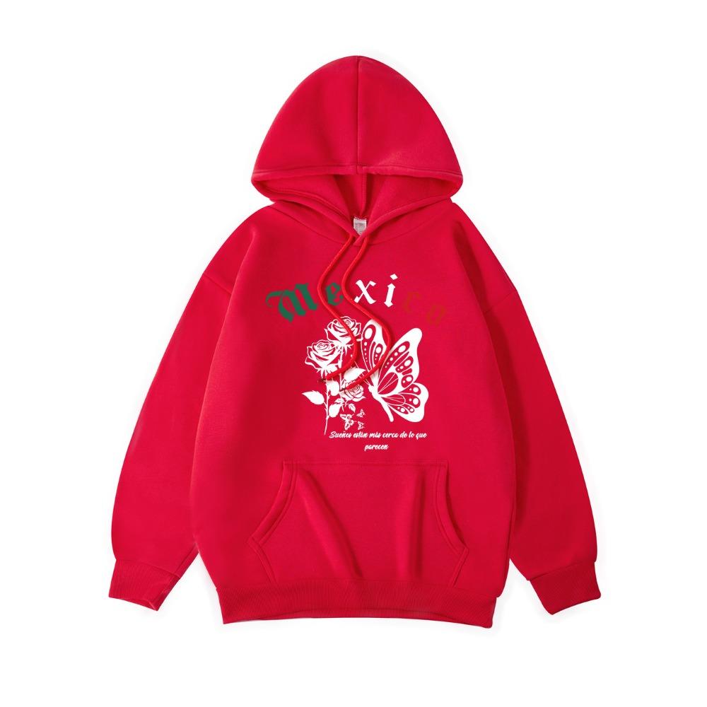 Mexico Butterflies And Flowers Prints Hoodie Women Street Loose Hooded Basics Sporty Sweatshirt Winter Fleece Warm Clothes