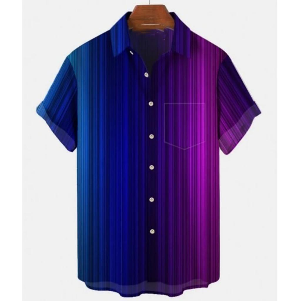 Men's Gradient Striped Short Sleeve Shirt, Loose Fit Casual Button-Down Top for Daily Commute and Vacation Wear