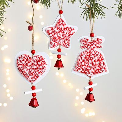 Christmas Wooden Ornaments Red White Heart Bell Star Shaped Hanging Ornament with Bells for Tree Mantel Stair Rail Holiday Decor
