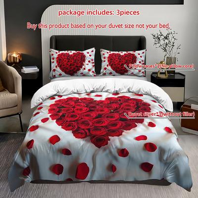 3-teiliges Romantisches Rote Rosen Herz Bettwäsche Bettbezug Set Valentinstag Bettwäsche Quilt Set Floral Thematisiertes Bett Quilt Set Liebe