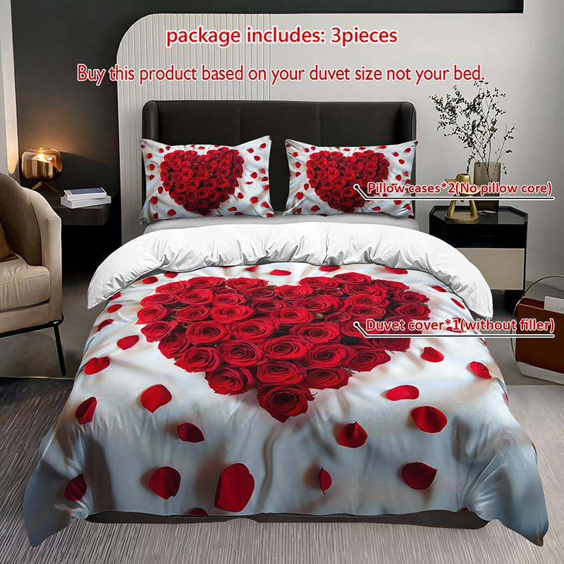 

3Pcs Romantic Red Roses Heart Bedding Duvet Cover Set Valentine S Day Bedding Quilt Set Floral Themed Bed Quilt Set Love Duvet Cover Set&EU Single(135x200cm)
