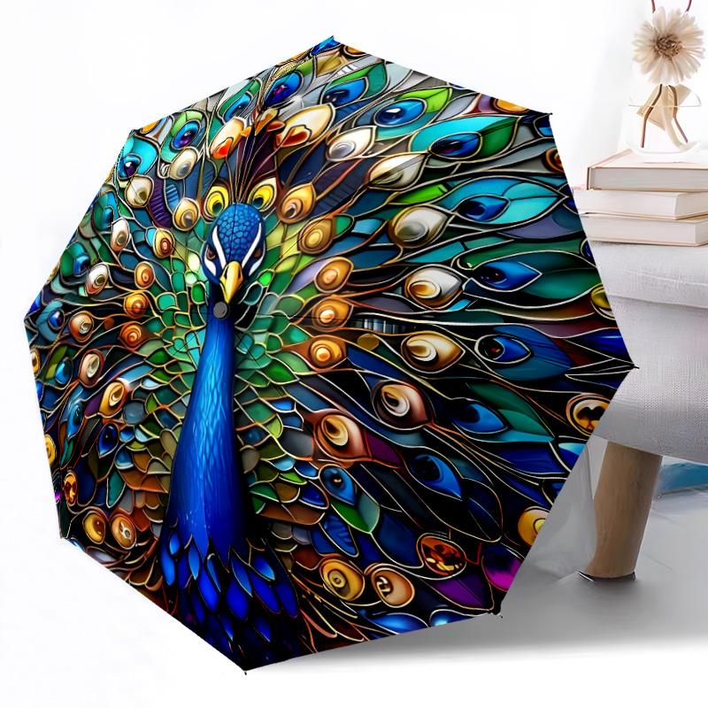 Stained Glass Peacock Art Portable Automatic Umbrella Compact & Durable 8-Rib Design Lightweight Travel Essential Fashionable Stylish Gift for Women