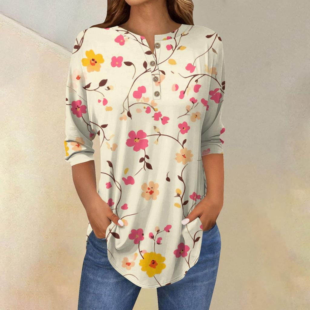 Damenmode Lässig Dreiviertelärmel Blumendruck Rundhals T-Shirt Top
