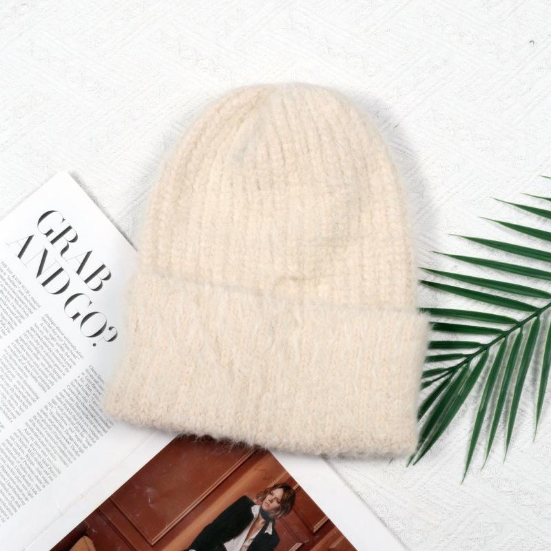 Angola rabbit fur warm solid color light board autumn and winter versatile candy color vertical stripe knitted hat women