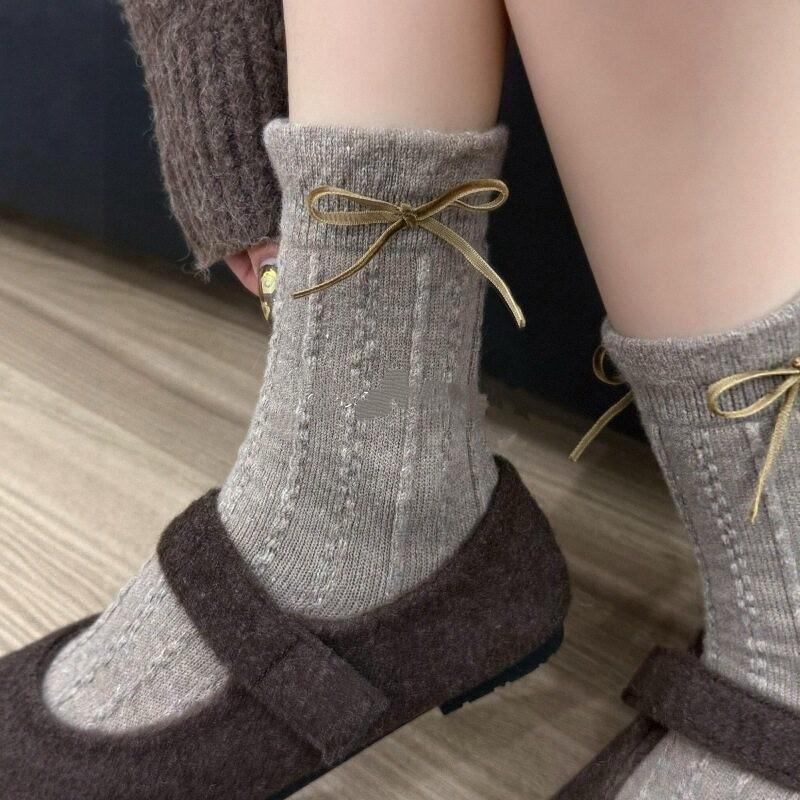 Autumn And Winter Korean Ins Velvet Bow Tube Socks Women'S Retro Sweet Warm Wool Versatile Boneless Pile Socks