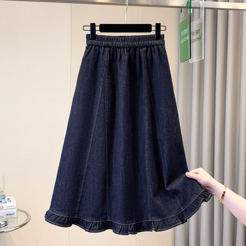

Spring/Summer Plus Size Elastic Waist Denim Skirt: Figure-Flattering, Tummy-Concealing, Fashionable Ruffle Hem for Women 5X-Large