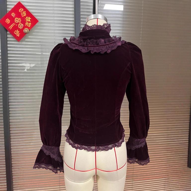 Burgundy Velvet High Neck Blouse with Bow and Lace Details