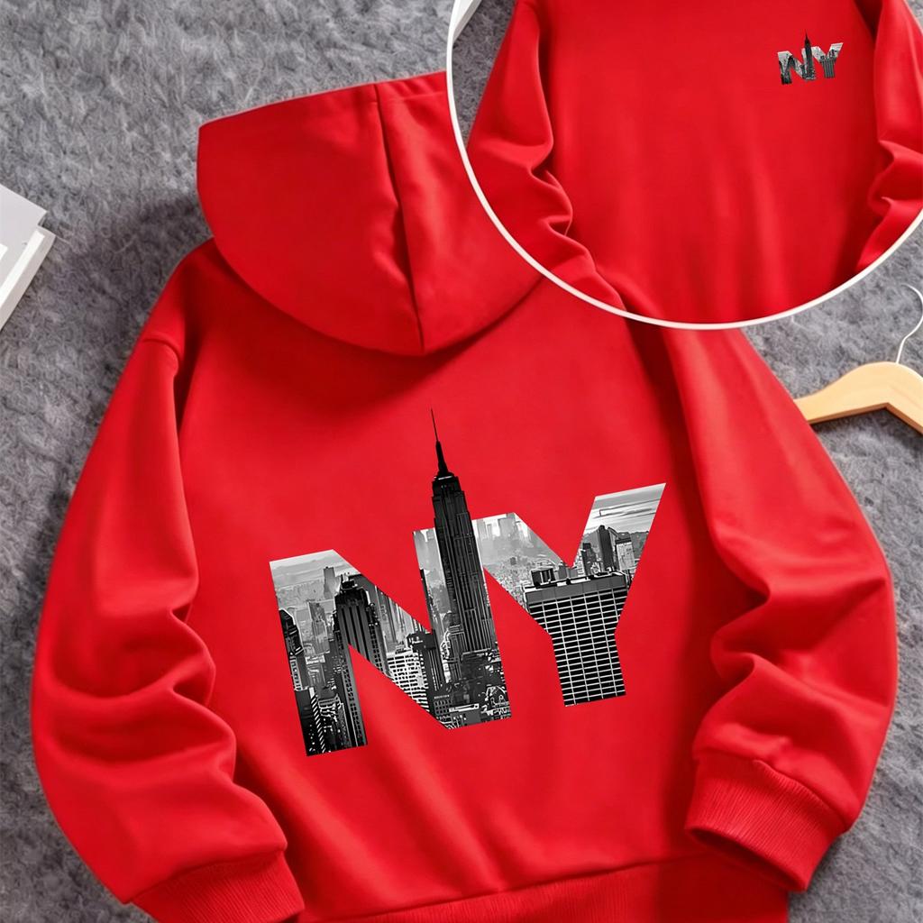 Herbst/Winter Kinder Kapuzenpullover mit NY City Architektur Druck, Jungen und Mädchen Pullover Top im amerikanischen Retro Trend-Look