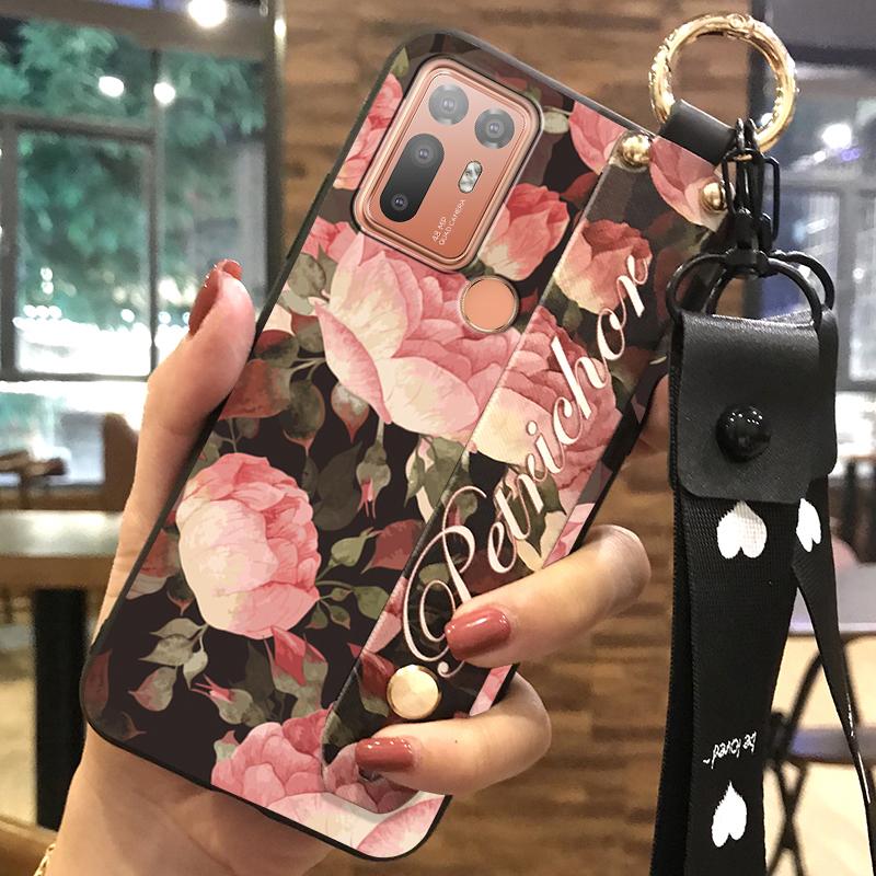 Durable Wristband Phone Case For HTC Desire 20 Plus/D20+ Lanyard Back Cover Shockproof Flower Soft case Fashion Design