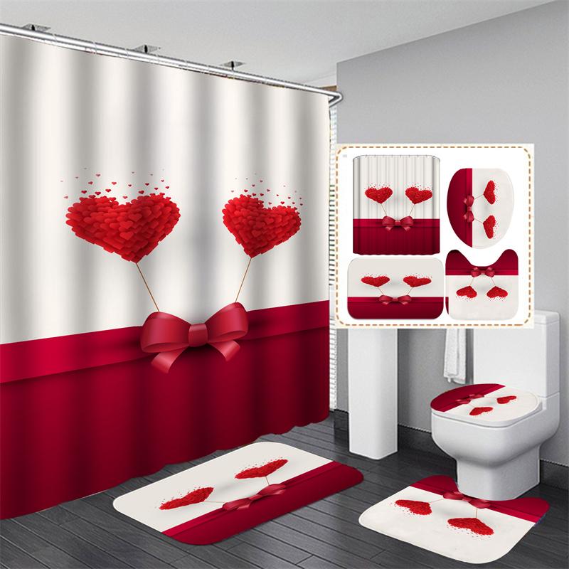 Valentine's Day Bathroom Bathing Waterproof Shower Curtain Home Entrance Doormat Bathtub 4Pcs Set Toilet Seat Cover Rugs Bath Non-Slip Floor Mat Love