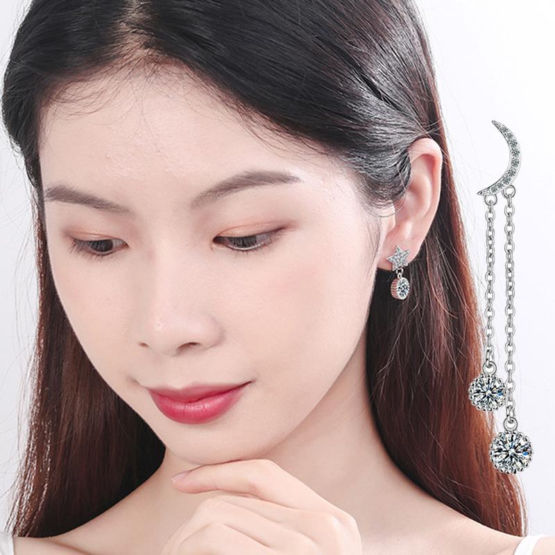 New Fashion Star&Moon Asymmetry Round Rhinestone Drop Earrings Women 925 Silver Jewelry Zircon Long Pendant Ear Stud