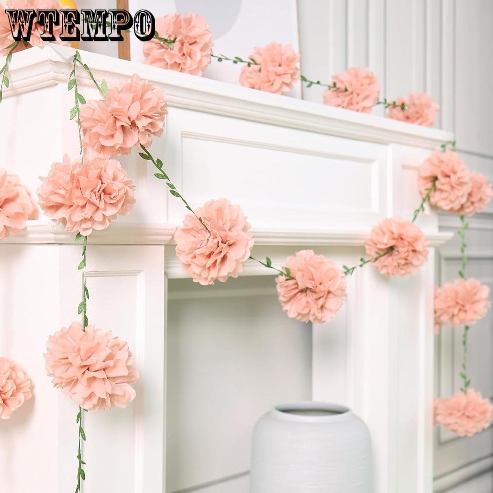 2pcs Nude Tissue Paper Pom Pom Garlands Paper Flowers for Birthday Wedding Decor Tissue Paper Pom Pom Boho Flowers Wall Hanging Décor Supplies