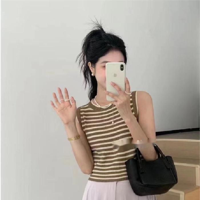 Striped knitted vest suspender women's summer new design sense outer wear wide inner sleeveless student top women