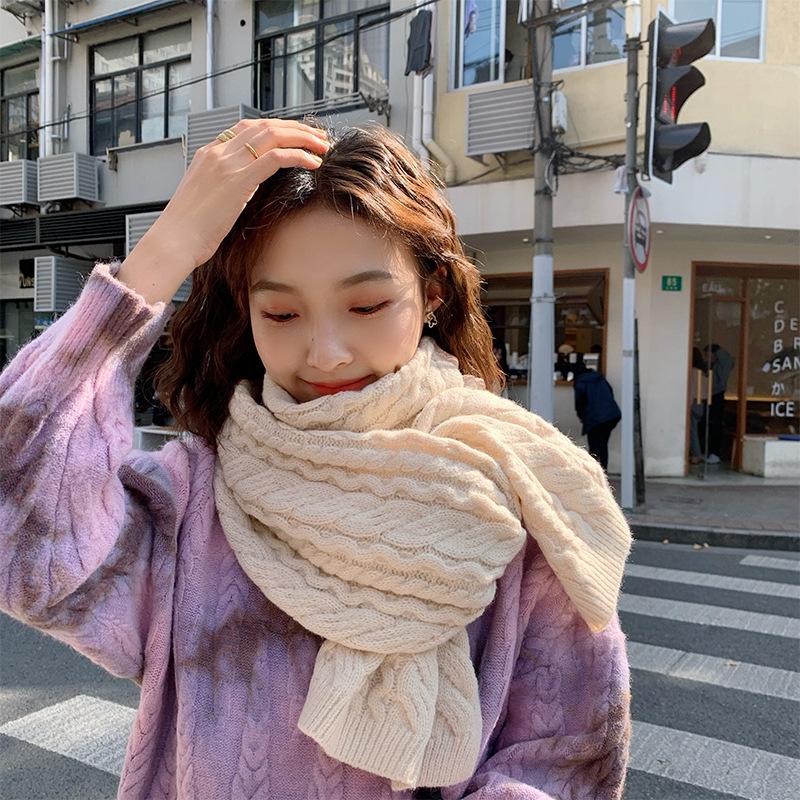 Beige twist scarf women's autumn and winter Korean version versatile Japanese students winter thickened warm knitted wool scarf
