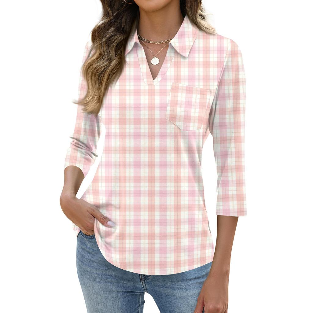 Women's Fashion Casual Lapel Short 3/4 Sleeve Print Shirt Women's Up Tops