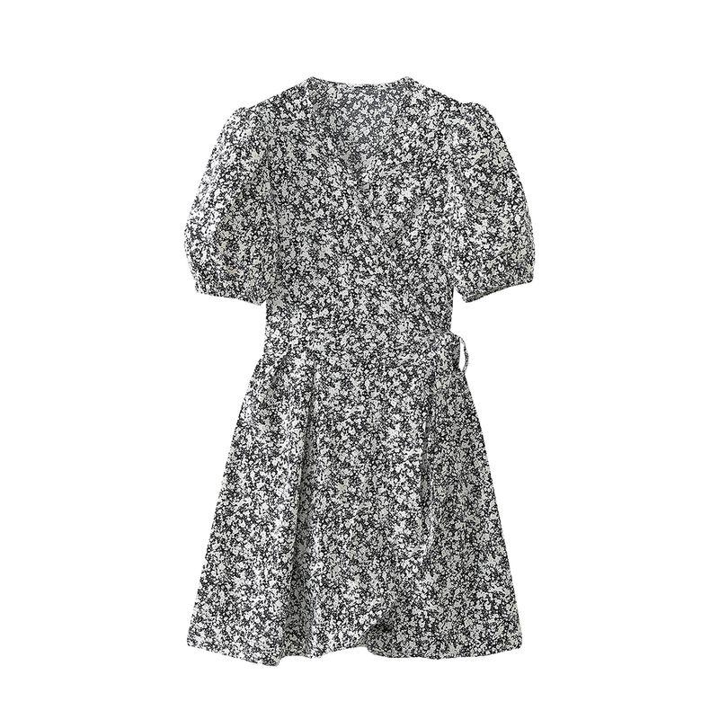 

Ruffles Tight Waist V-neck Dress Women Jnleaog Homemade Fashion Style French Style Vintage Floral A- line Short Skirt Summer Black and White S